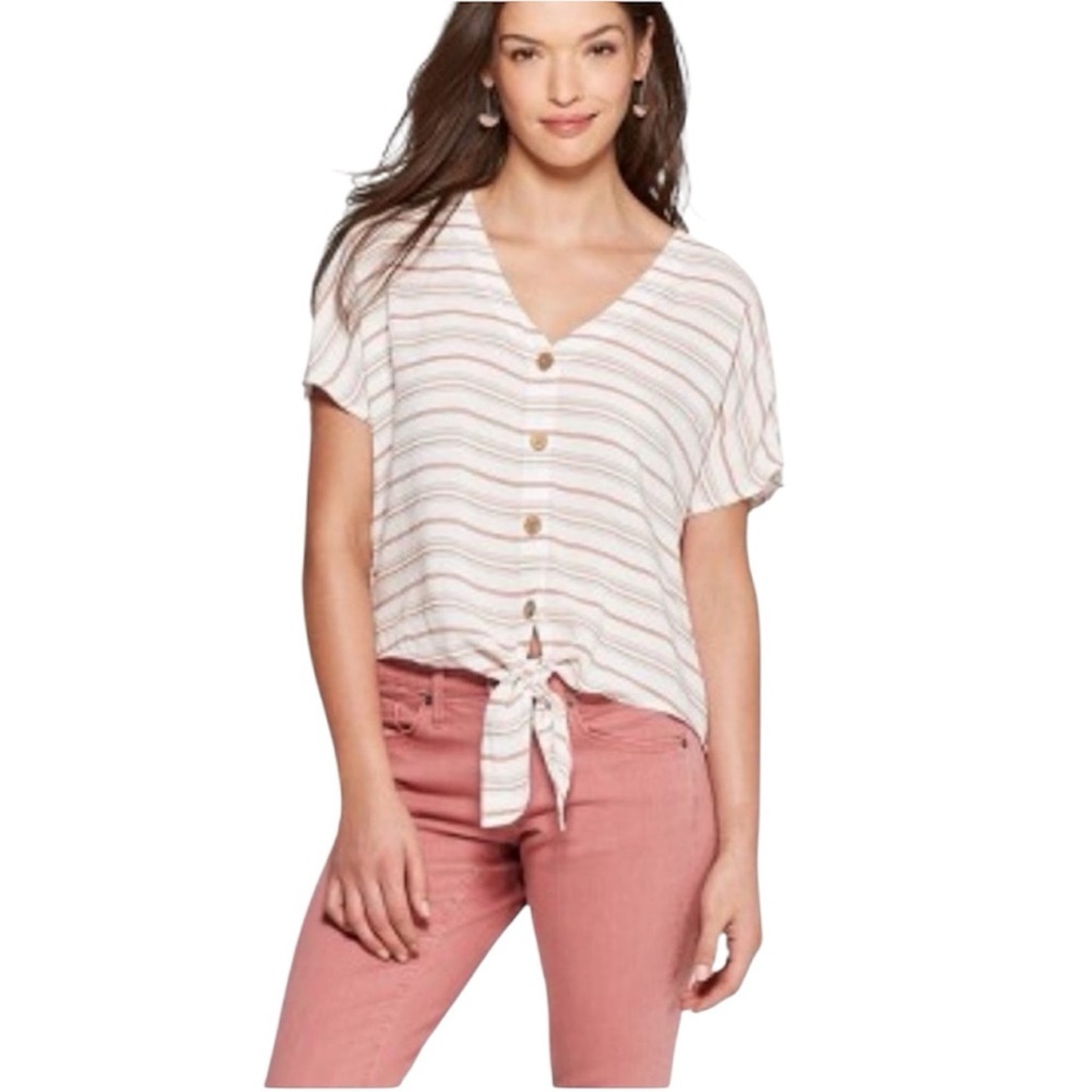 2/$15 Universal Thread - Orange White Striped Tie Front Button Down Blouse | XS